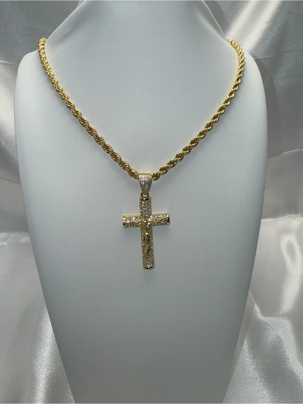 24 Inch Rope Chain CZ Cross Pendant Necklace 18k gold dipped, 14k stamped